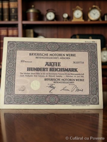 Acțiune Originală BMW 1942 – 100 Reichsmark – Scripofilie WWII