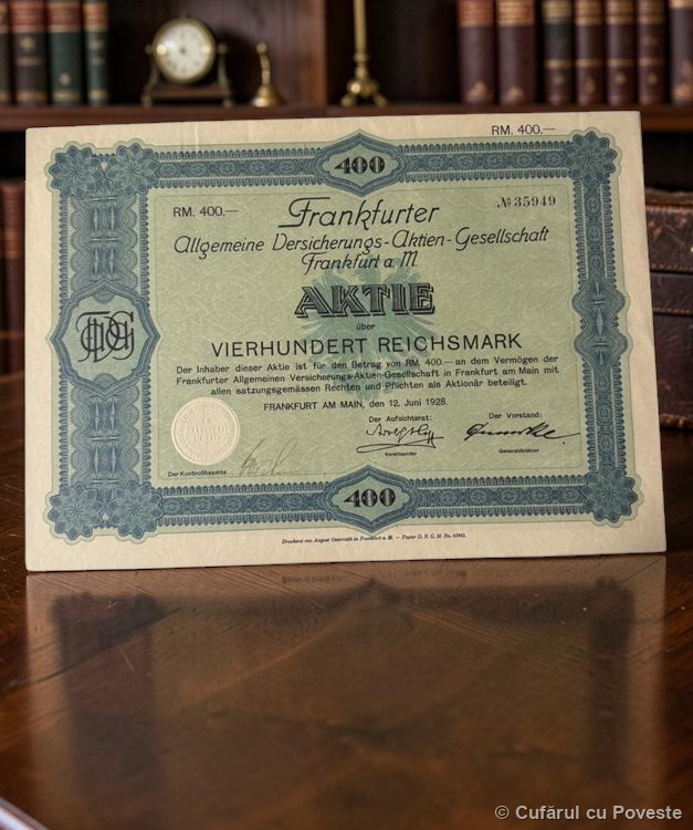 Acțiune originală 400 Reichsmark 1928 Weimar scripofilie înrămată