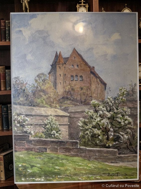 Acuarelă originală Herm. Liersch 1928 — Castel medieval, ramă aurită
