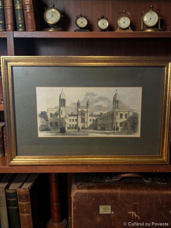 Gravură victoriană originală arhitectură neo-gotică britanică, înrămată, cca 1850-1870