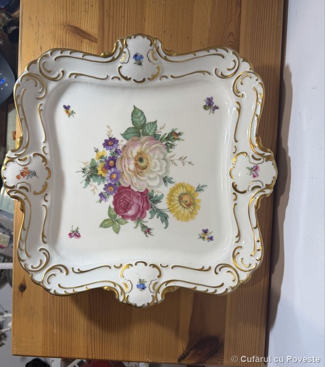 Platou porțelan Bavaria Lindner Küps decor floral aurit vintage