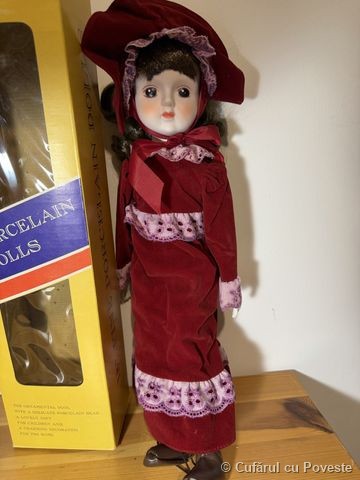 Păpușă decorativă porțelan Victorian 45cm, cutie originală, vintage