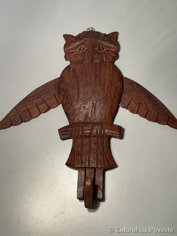 Sculptură lemn bufniță perete artizanat 1960-1990
