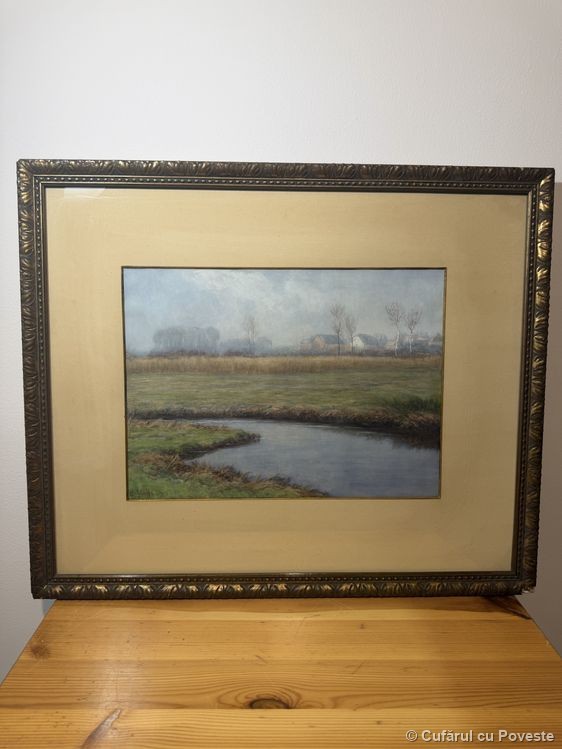 Tablou pastel original peisaj nordic semnat P. Greeff, ramă aurită sec. XIX