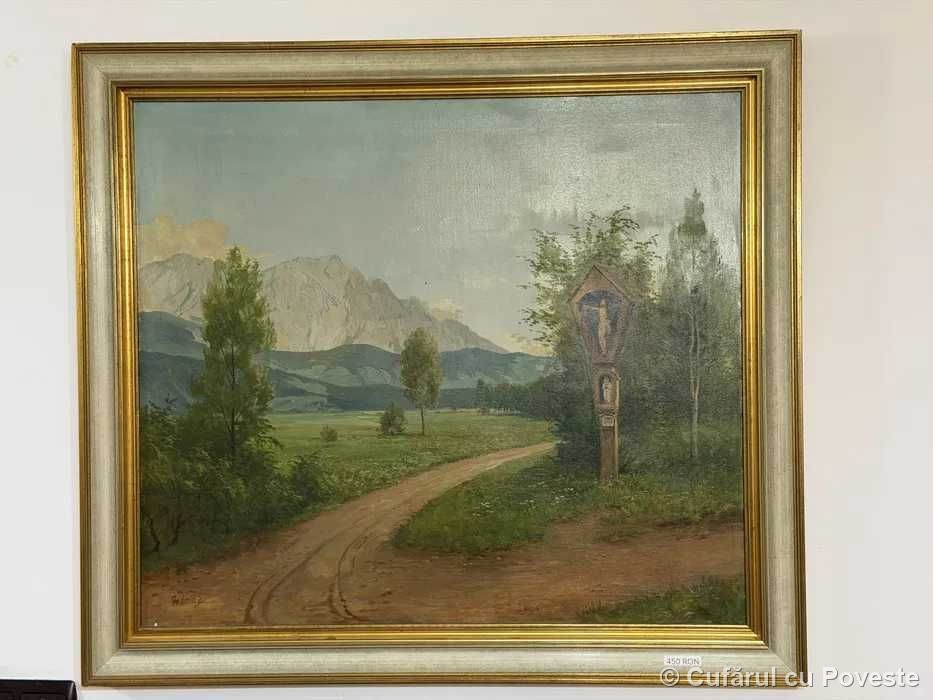 Tablou ulei pânză peisaj alpin semnat Gg. Schill, sec. XIX