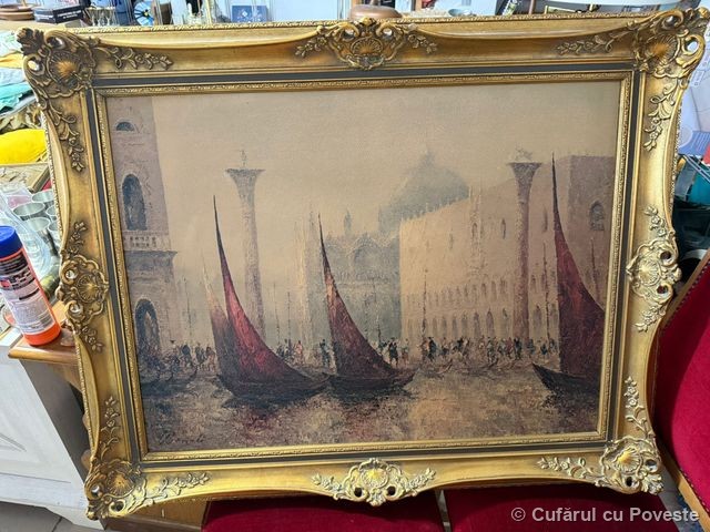 Tablou Veneția gondole ramă barocă aurită antichitate